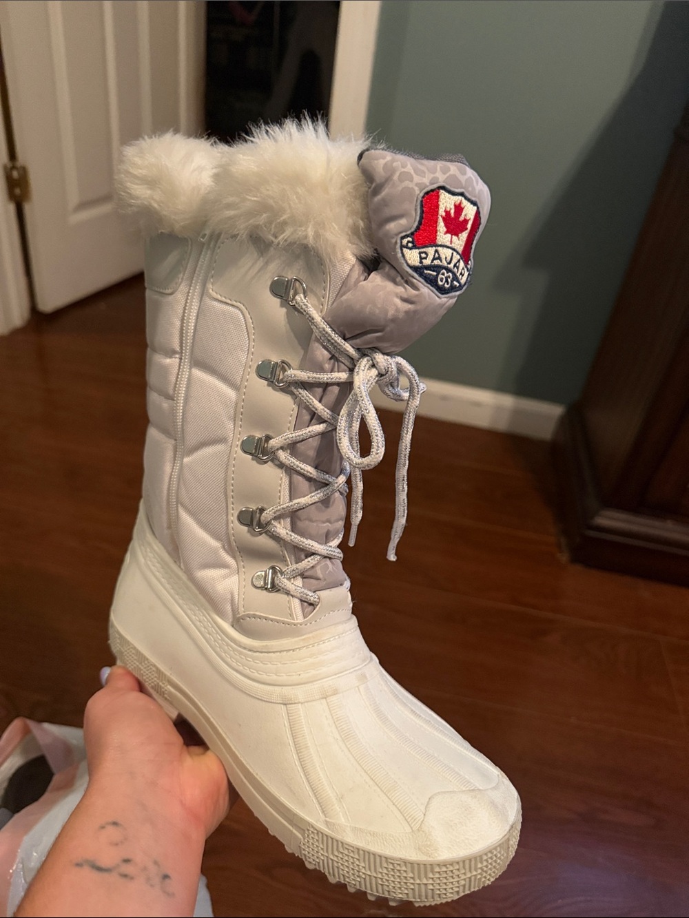Pajar White Lace-Up Winter Boot with Faux Fur